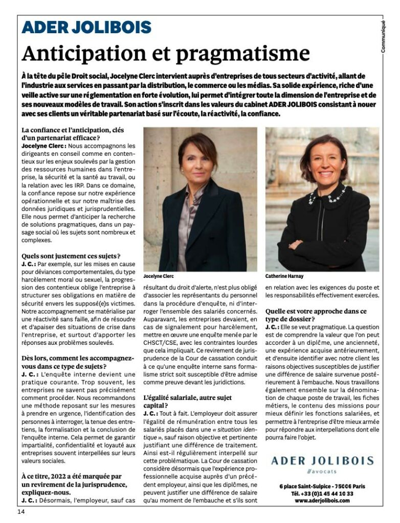 Jocelyne Clerc avocat droit social Ader Jolibois Paris