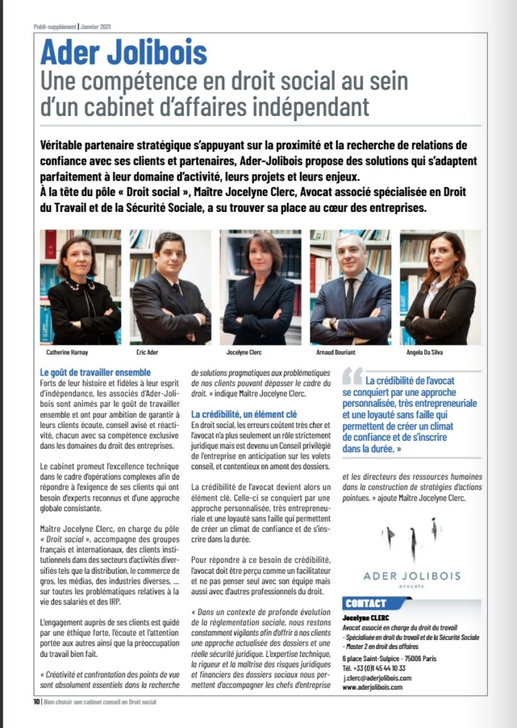 Jocelyne CLERC, avocate associée à la tête de l’équipe droit social au sein du cabinet ADER JOLIBOIS, fait part de son expérience dans Liaisons Sociales magazine « Le meilleur du Doit Social ».
